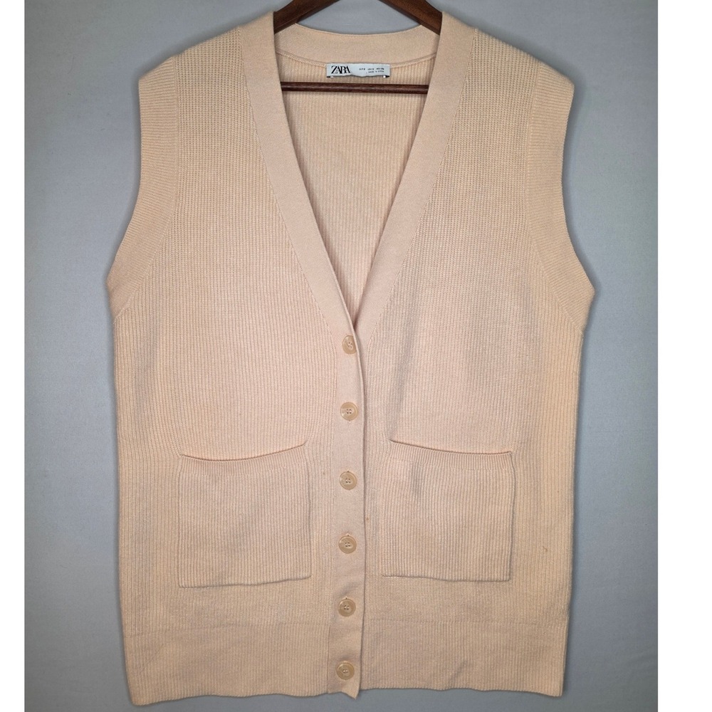 Zara knit‎ sleeveless V neck Button front vest sweater with Pockets Small Peach